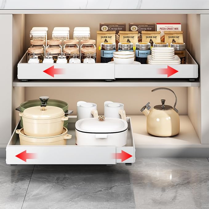 1PCS Expandable Pull Out Cabinet Organizer pots and pans organizer under cabinet Upgrade 3 Slide Rails Slide Out Drawers Roll Out Shelves Adhesive,Adjustable Width