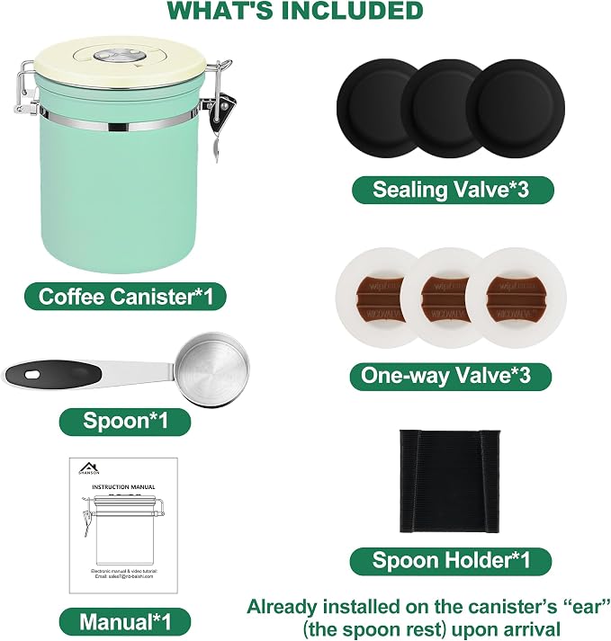 ShanSon Coffee Canister Airtight, Stainless Steel Bean Storage Container with Date Tracker & Scoop, Grounds Sugar Flour Tea Cereal Fits Kitchen Pantry, Ideal Gift for Coffee Lovers,12oz,Green