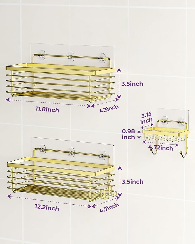 ODesign Shower Caddy 3 Pack SUS304 Stainless Steel-No Drilling-Shower Bathroom Shelves Rack,Rustproof Wall Mounted,Adhesive Shower Shelf Basket Organizer-Golden