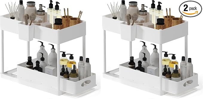 Under Sink Organizers and Storage, Bathroom Cabinet Organizer, Sink Shelf with Utility Hooks and Side Caddy for Under Cabinet Storage | Under Kitchen Sink Organizer with Sliding Drawer, White (2-Pack)