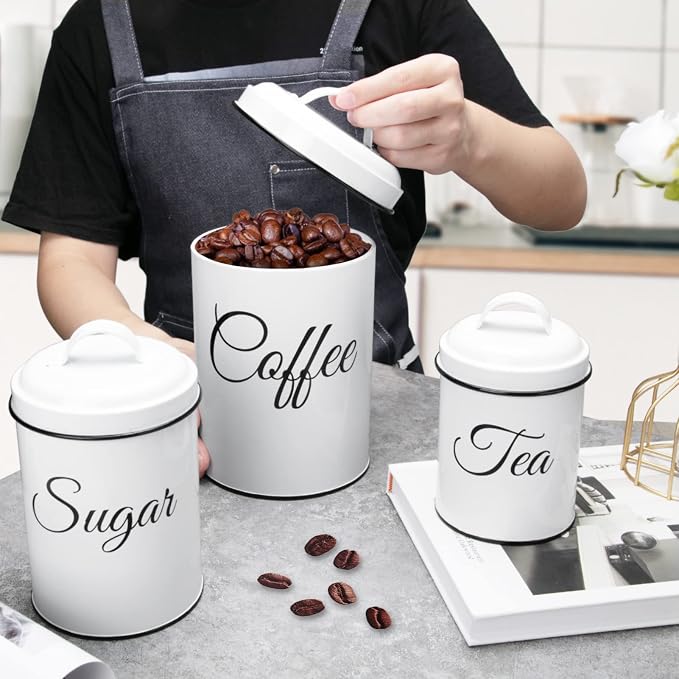 Kitchen Canisters Set of 3, Food Storage Containers for Kitchen Countertop, Large Airtight Coffee Sugar Tea Containers with Lids, White Farmhouse Kitchen Decor
