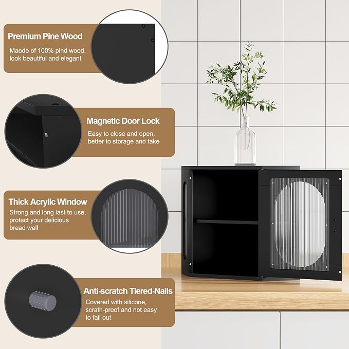 Alpeir Corner Bread Box for Kitchen Countertop, Thick Pine Wood Keep Freshness Longer, Adjustable Farmhouse Bread Storage Container with Window & Deli Papers for Homemade Bread, Baked, Black