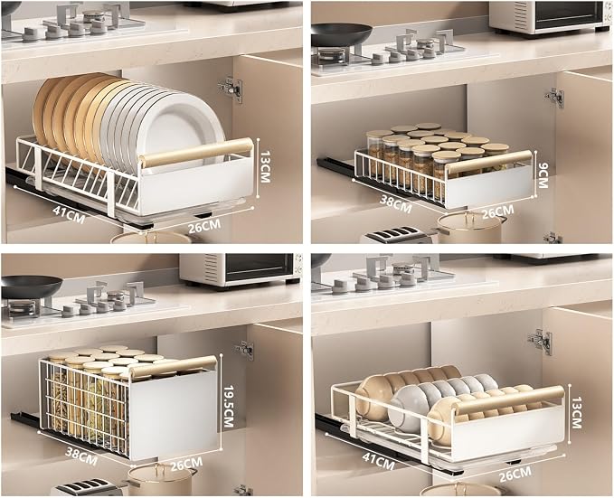 Pull Out Cabinet Drawer Organizer 6 Pack, No Drill Slide Out Shelves Cabinet for Kitchen Fixed with Nano Film, Heavy Duty Sliding Pantry Storage Drawer (White Set of 4)
