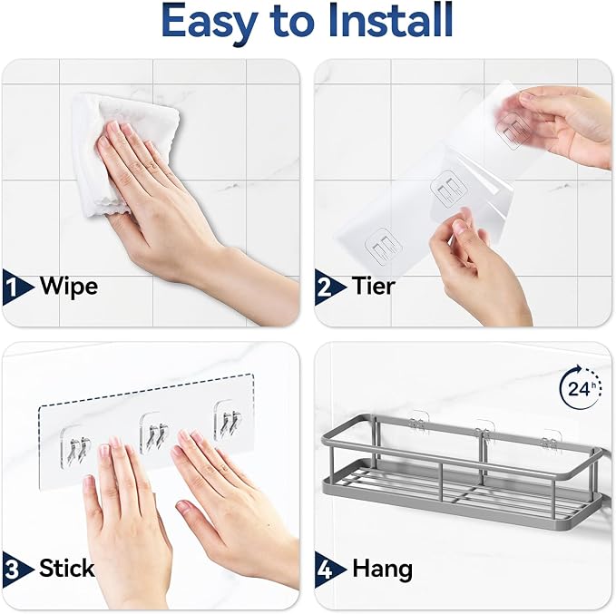 YASONIC Shower Caddy Adhesive, No Drill Bathroom Shower Organizers, with Removable Hooks and Soap Holder, Rust Proof Shower Shelves, Wall-Mounted Shower Holder, 3 Pack, Grey