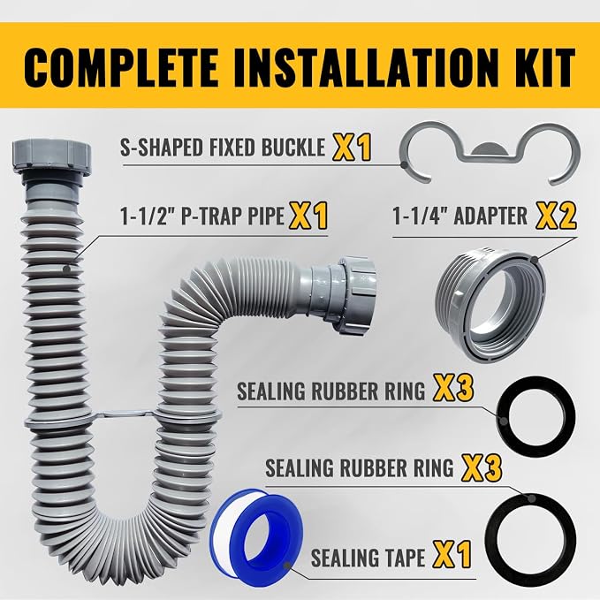 VIVIDA Sink Drain Pipe P Trap 1-1/2", Expandable Flexible Drain Pipe, 11"-31.5" Sink P Trap Kit for Kitchen, Bathroom, Restroom, 1-1/4" Adapter Included, Gray, 1 PACK