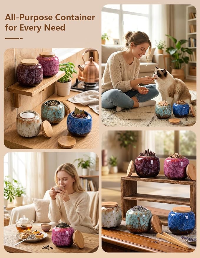 Simcat Ceramic Storage Jars, Exquisite Glaze Food Canisters for Kitchen Spice Storage, Tea Caddy Storage, Coffee Jar, Condiment Jar with Seald Lid (Khaki)