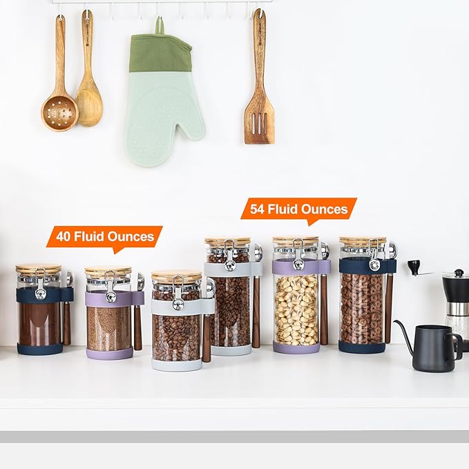 KKC Glass Protein Powder Container, 40oz Airtight Collagen Storage Jars with Bamboo Lids & 1 TBSP Measuring Spoons - Wide Mouth Aesthetic Countertop Dispenser Organizer for Kitchen, Smoothie Bar
