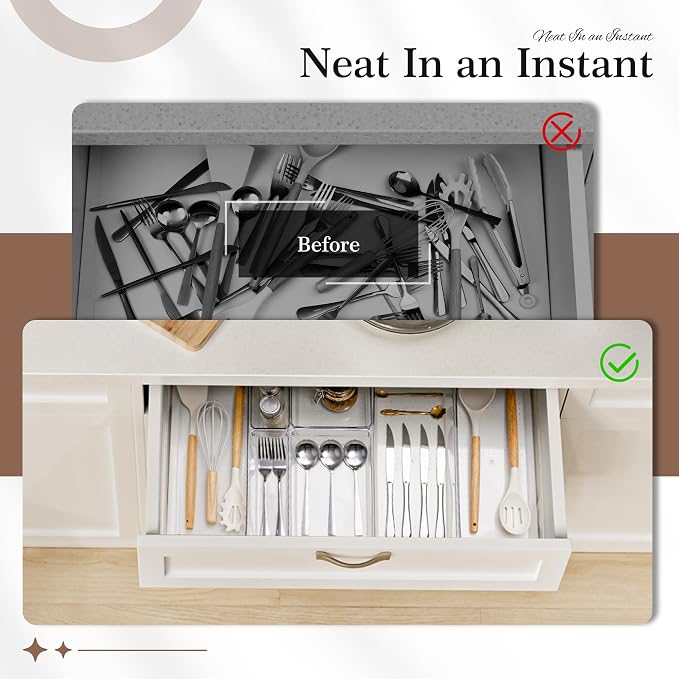 Criusia 14 PCS Clear Plastic Drawer Organizer Set - 5 Large Size Versatile Kitchen and Bathroom Organizer Trays, Non-Slip Storage Bins for Makeup, Utensils, Tool and Office Desk