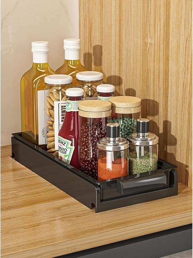 Pull Out Spice Rack for Upper Cabinet - Expandable Organizer with Smooth Ball Bearing Slides, No Drill Mounting Spice Storage for Kitchen (black)