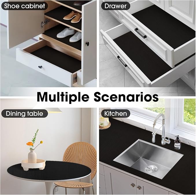 Drawer and Shelf Liner, Non-Slip Kitchen Cabinet Liners Non-Adhesive Thick Strong Grip Waterproof Washable Mats Protect Dresser Shelves Cupboard Bathroom Cabinets, Black, 12 in X 30 FT