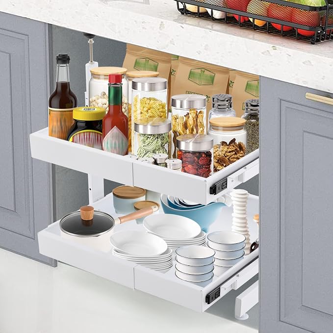 Cabinet Drawers Slide Out, 2 Tiers Expandable Pull out Cabinet Organizer No-Drilling, Slide out Drawers for Kitchen Cabinets Bathrooms, Laundry Rooms, Garages (White)