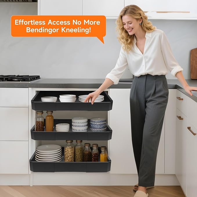 Pull out Cabinet Organizer,Adjustable Width (14"-19") and Depth (17"-24") Expandable,No Drill Slide out Drawers for Kitchen,Pantry,Adhesive Roll out Shelves,for Cabinets Without Lip (black)