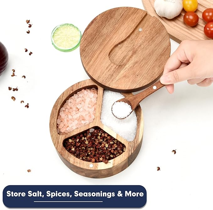 Wood Salt and Pepper Box, 3 Compartment Salt and Pepper Cellar With Lid and Spoon,Spice Condiment Container for Kitchen Countertop