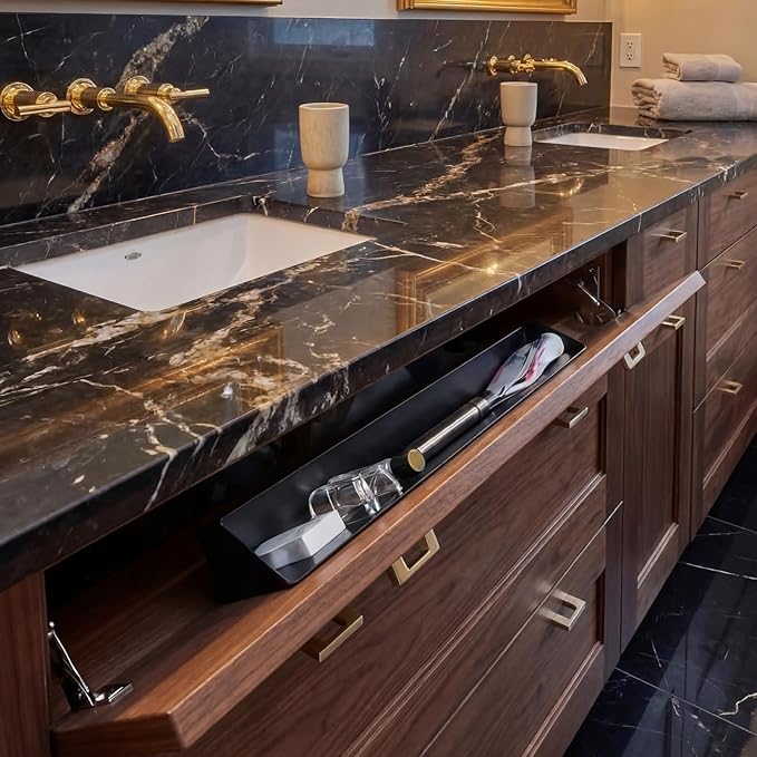 Zonon 1 Set 19 Inch Tip Out Tray for Front Sink Drawer with Hinges and Mounting Plate Includes Screws and No-Drill Adhesive, Metal Pull Out Storage Organizer for Kitchen Bathroom Cabinet