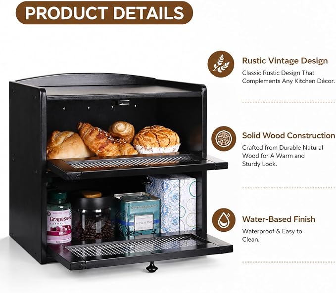 Bread box for Kitchen Countertop Double Layer Large, Solid Wooden Farmhouse Bread Storage Container with Acrylic Window, Bread Holder Organizer Bin for Homemade Bread and Pantry(Black)