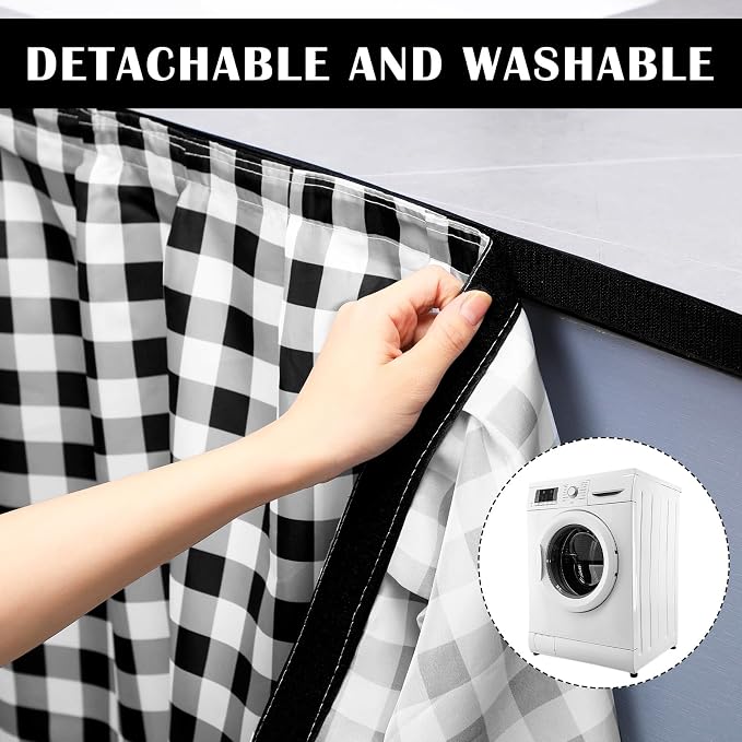 Fabric Sink Skirt Diamond Bathroom Stitch Self Stick Adhesive Waterproof Fabric Under Sink Curtain Skirt 55 x 32 Inch Adds Bathroom Storage(Black and White,Classic Style)