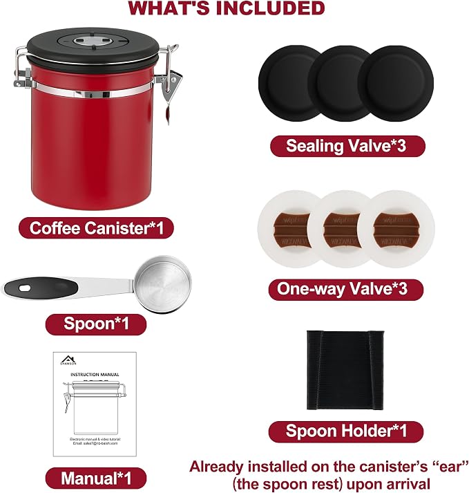 ShanSon Coffee Canister Airtight, Stainless Steel Bean Storage Container with Date Tracker & Scoop, Grounds Sugar Flour Tea Cereal Fits Kitchen Pantry, Ideal Gift for Coffee Lovers,16oz,Red