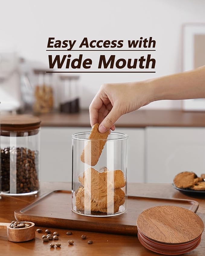 27oz Coffee Canister with Scoop and Wooden Lids, Airtight Coffee Grounds Container Set of 2 for Coffee Bar Organizer, Glass Jar for Coffee Beans Storage