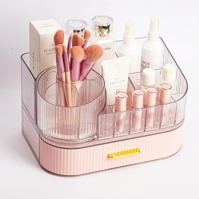 Makeup Organizer with Stackable Drawer and 360 Rotating Brush Holder, Cosmetic Storage Display, 11-inch Wide Beauty Counter, Pink, Large (Tray + 1 Drawer)
