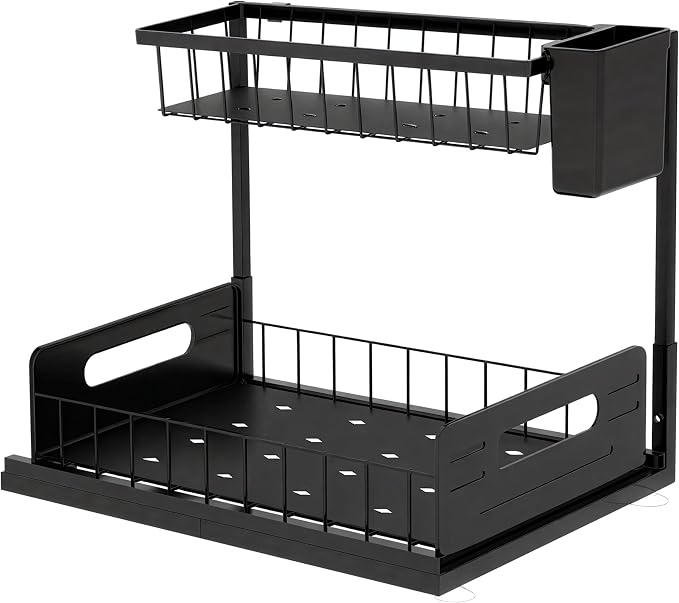2 Pack Under Sink Organizer, Heavy Duty 2 Tier Slide-Out Storage, Space Saving Cabinet Organizer for Bathroom & Kitchen, Metal Shelf with Brush Holder, Black