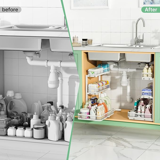 Under Sink Organizer, White, 3-Tier, 1 Pack | Height Adjustable, Thickened Metal, Pull Out Cabinet Shelf, Space-Saving Slide Out Storage Drawer