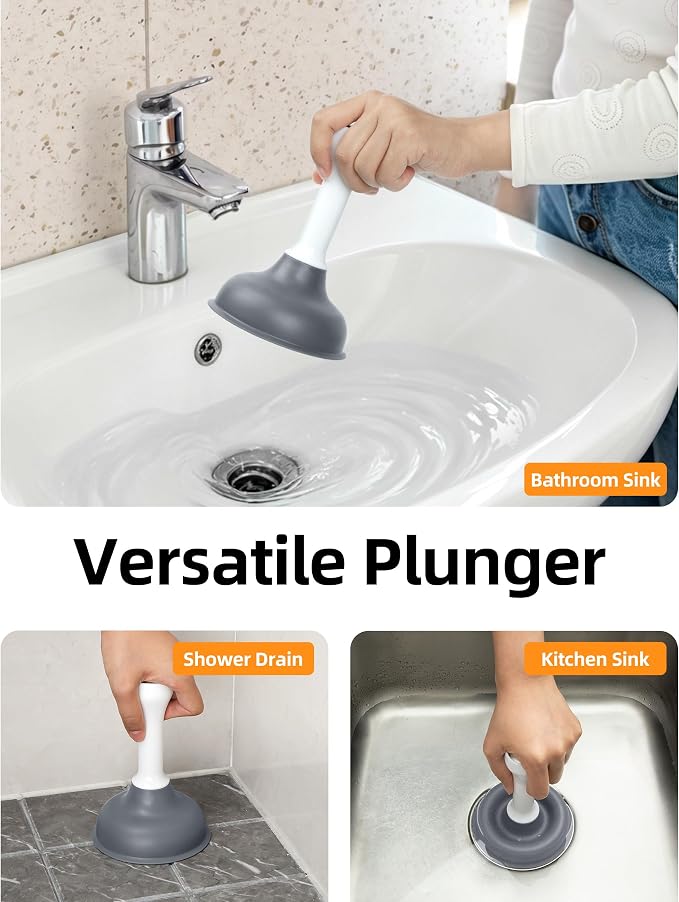 MR.SIGA Mini Drain Plunger, Sink Drain Plunger with Strong Suction, Compact Design, Powerful Small Plunger for Bathroom Sinks, Kitchen Sinks, Tubs, Shower Drains, Length 6.3 Inch(16 cm), White & Gray