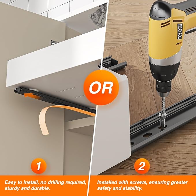2 Pack Expandable Pull Out Cabinet Organizer, Slide Out Cabinet Shelves with 3 Quiet Rails, Nano Adhesive No Drill Roll Out Drawers for Kitchen, Pantry, Bathroom, 12.6"-20.4" W x 21" D, White