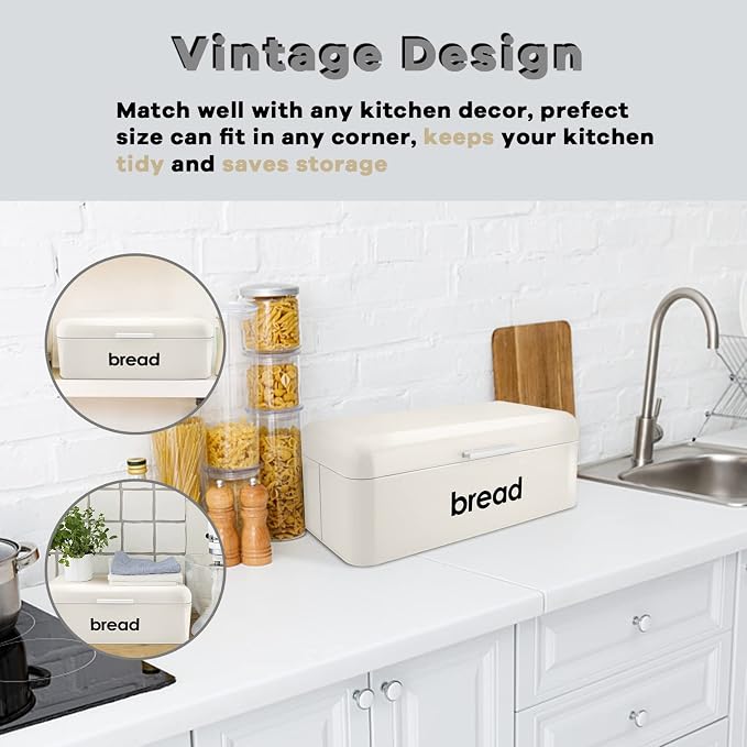 E-far Vintage Bread Box for Kitchen Countertop, Cream Metal Bread Storage Container Retro Bread Bin for Pastries/Loaves/Dry Food, Large Capacity & Modern Design (16.7” x 9” x 6.4”)