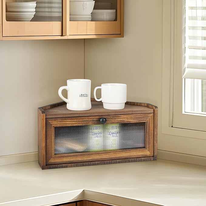 Sunhoo Bread Box for Kitchen Countertop Wooden Corner Breadbox Counter Food Storage Bin Container Farmhouse Rustic Homemade Bread Fresh Keeper Organizer Holder Vintage Stackable with Window (Brown)