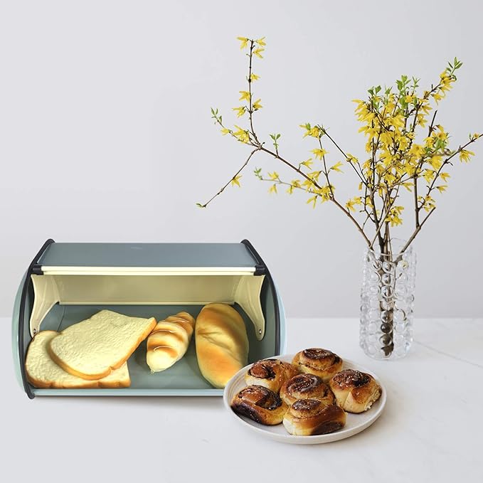 SOTECH Metal Bread Box with Roll Top Vintage Breadbox for Kitchen Countertop Retro Bread Bin Holder Counter Farmhouse Bread Storage Container Blue