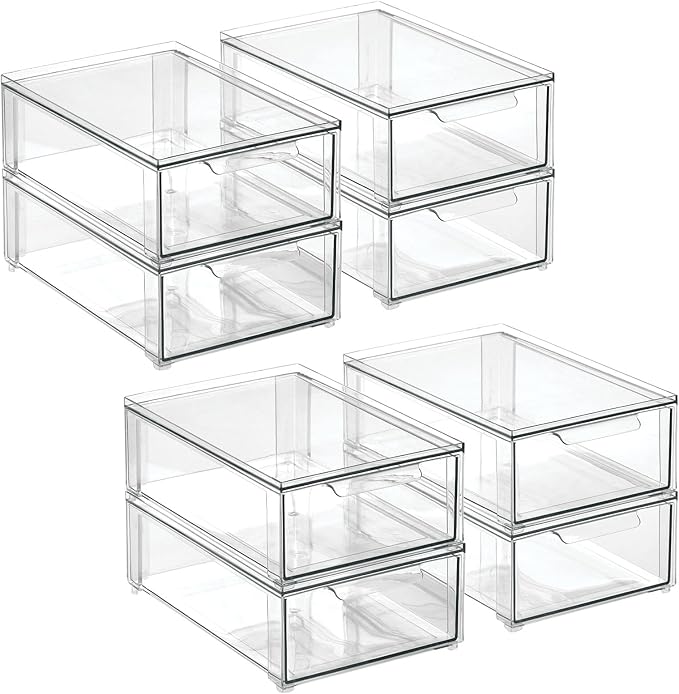 mDesign Plastic Stackable Bathroom Storage Organizer Bin with Pull Out Drawer for Cabinet, Vanity, Shelf, Cupboard, Cabinet, or Closet Organization - Lumiere Collection - 8 Pack - (Clear, 8 x 12 x 4)