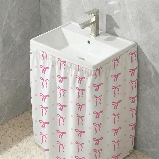 Pink Bow Sink Skirt for Preppy Bathroom Decor, Self Stick Adhesive Waterproof Fabric, Coquettecute Under Sink Curtain Skirt, Pedestal Sink Accessories Decor,