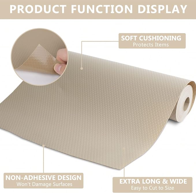 WochiTV Shelf Liner for Cabinets, Drawer 11.8 Inch x 4.9 Feet, Non Adhesive EVA Plastic Washable and Waterproof Mat for Kitchen, Pantry, Bathroom Closet, Cupboard, Drawer, Khaki