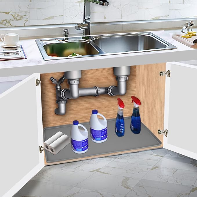 BEESVO Under Sink Mat for Kitchen Waterproof, 22" x 19" Silicone Under Sink Liner Kitchen & Bathroom Cabinet Protector Mats, Heavy Duty Flexible Under Sink Drip Tray with Lip, Cool Grey