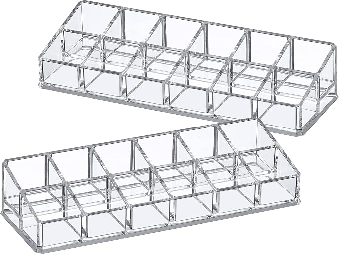Amazing Abby - Glamour - 2-Pack 12-Slot Acrylic Nail Polish Organizer, Lipstick Holder, Lip Gloss Organizer, Cosmetic Storage Display, Perfect Storage Solution for Drawer, Vanity, Bathroom, and More