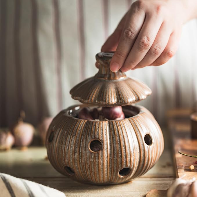 Ceramic Garlic Keeper with Lid and Holes Garlic Saver and Storage Framhouse Decor Keep Gralic Cloves Dry and Fresh, Grey