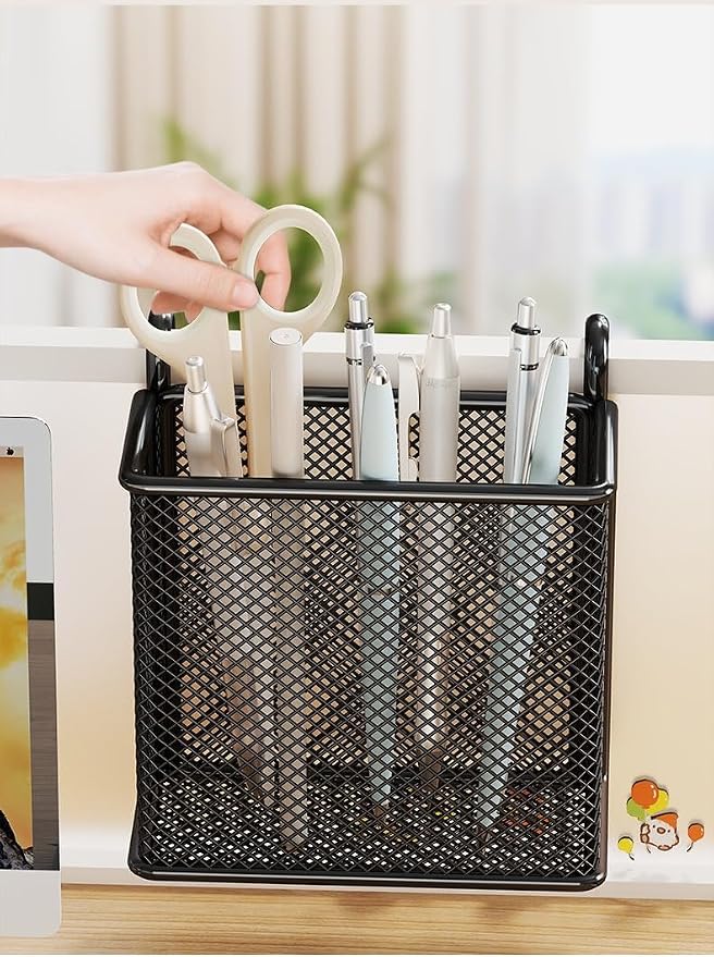 Hanging Pen Holder with Hook Storage Box - Wall-Mountable Desk Organizer for Office Desktop, Partition Screen, Workstation & Bedroom Side Storage (black)