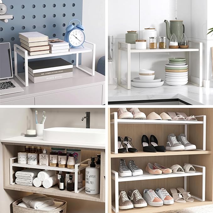 Expandable Cabinet Shelf Organizer Stackable Metal Storage Rack, Adjustable Width & Height Countertop Spice Rack, Heavy Duty Pantry Cupboard Under Sink Organizer for Kitchen Bathroom Office