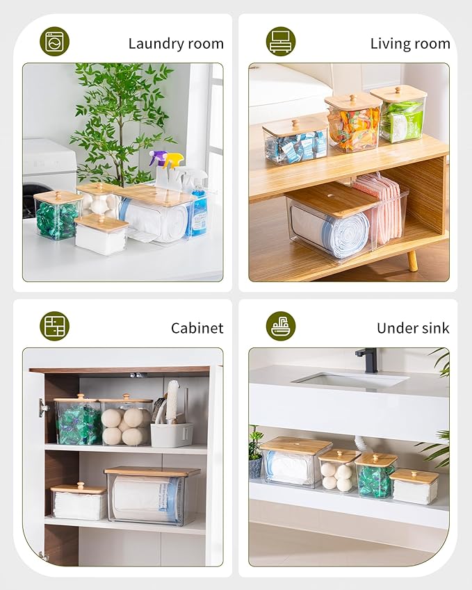 iCASA Trash Bag and Pod Dispenser - 5 in 1 Acrylic Under Sink Organizer with Bamboo Lid, Holds Garbage Bags, Dishwasher Pods, Laundry Tabs, Dryer Sheets & Balls for Kitchen, Pantry, Laundry Room