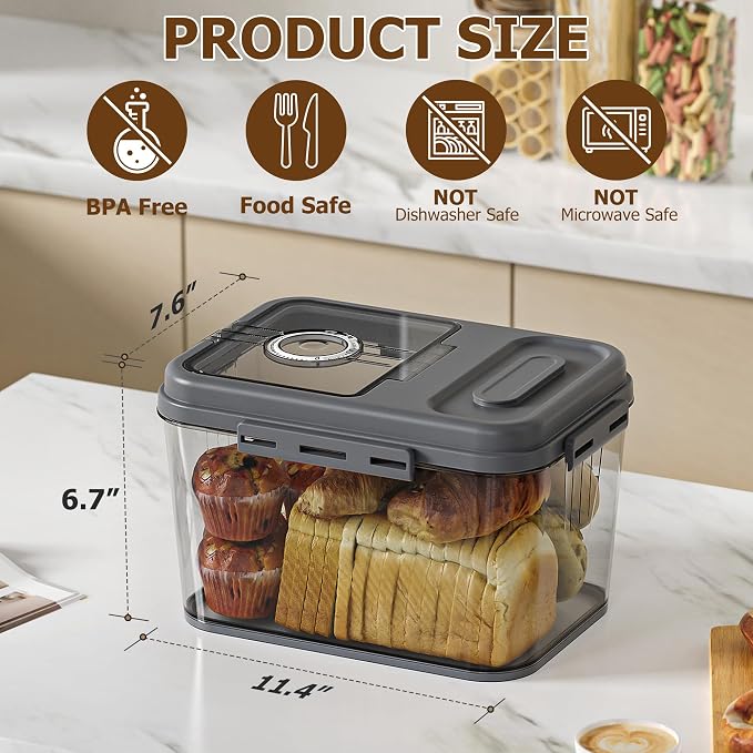 Olimingse Bread Box, 10L Gray Airtight Braed Storage Container, Bread Box For Kitchen Countertop, Time Recording Bread Keeper with Lid, Flip-Top Bread Holder.