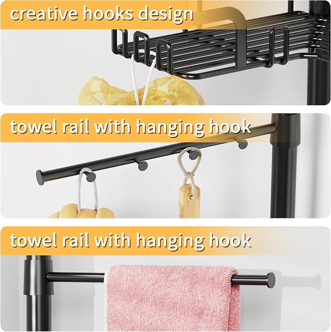 ZUNTO Tension Pole Shower Caddy with 2 Towel Holder and Hooks for Bathroom, Adjustable 25in-114in Floor to Ceiling Shower Organizer, Standing 4 Tier Corner Shelves for Storage and Hanging, Matte Black