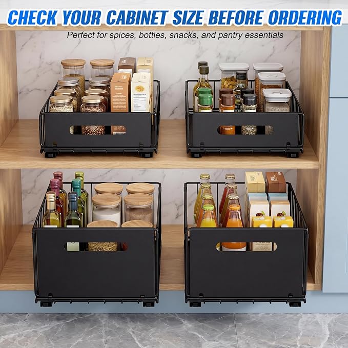 2 Pack Pull Out Cabinet Organizer, 15"" Depth Slide Out Pantry Drawer with Nano Adhesive (No Drilling), Heavy Duty Wire Basket for Kitchen, Under Sink, Bathroom, 9.44"" W x 3.54"" H, Black