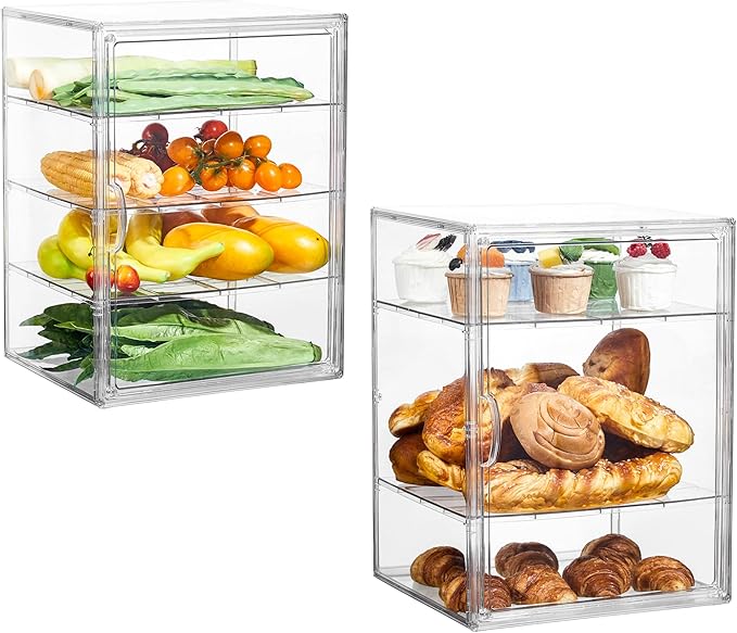 SANKEU Pastry Display Case,Bread Box for Kitchen Countertop,4 Layers Adjustable Clear Bread Storage with Magnetic Door Bakery Pastry Display15.5x11.4x9.8inch,1 Pack