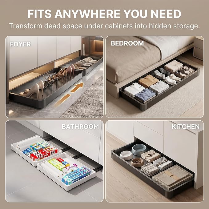 Under-Cabinet Pull Out Shoe Rack, Push-to-Open Sliding Storage Tray for Entryway/Closet, Hidden Kick-to-Open Shoe Organizer, No-Drill Installation, Durable Aluminum Frame