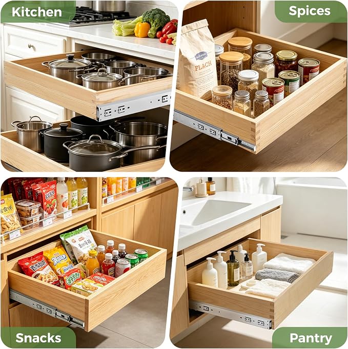 Wooden Pull Out Cabinet Organizer for Kitchen Fully Assembled 15" W x 21" D x 3" H Solid Wood Drawer with Soft Close Slides Bottom or Side Mount for Pantry Bathroom Bedroom Dining Room Storage