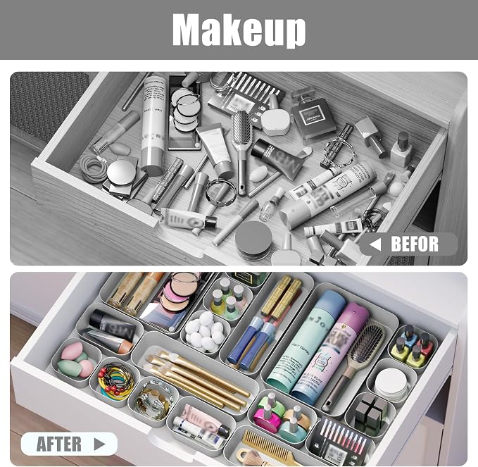 Plastic Drawer Organizers, 10 PCS Drawer Organizer Bins, Bathroom and Vanity Organizer Plastic Tray, Makeup Organizer and Storage for Makeup, Bedroom, Kitchen Gadgets Utensils and Office (Gray)