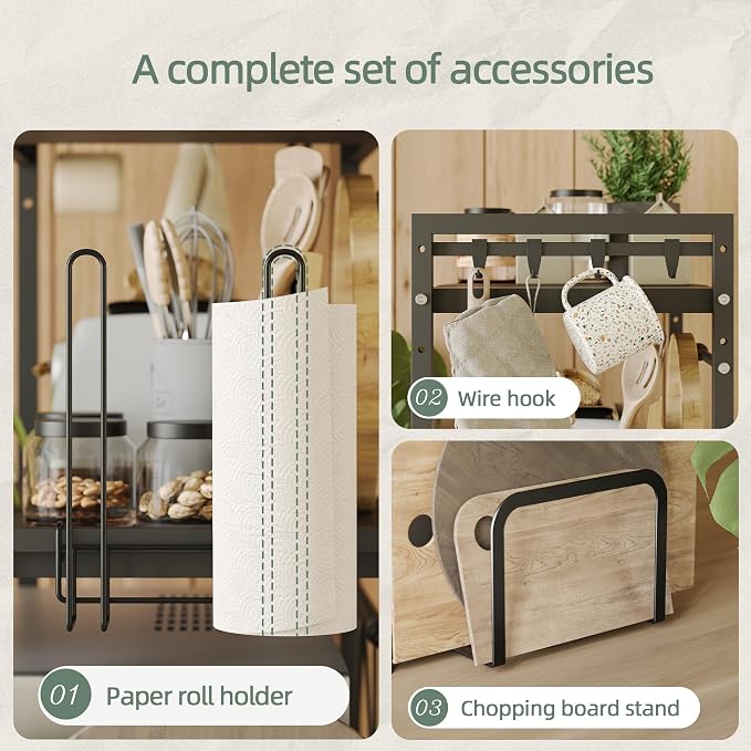 NETEL Expandable Microwave Stand,3 Tier Metal Kitchen Countertop Organizer Shelves with Paper Towel and Chopping Board Holder,Bakers Rack,Microwave Shelf,Microwave Oven Rack,110lbs Weight Capacity
