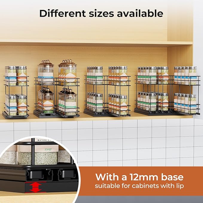 Mystozer Pull Out Spice Rack Organizer for Cabinet, Slide Out Spice Racks, Easy to Install Spice Cabinet Organizers, 7.4" Wx10.43 Dx8.26 H, 3 Drawers 2 Tiers(Silver)