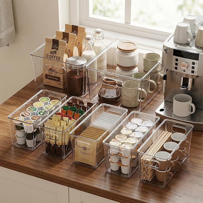 MOONEDGE Set of 12 Clear Plastic Storage Organizer Bins β 4 Large and 8 Small Nestable Space-Saving System for Under-Sink, Bathroom, Kitchen, Fridge & Cabinet Organization