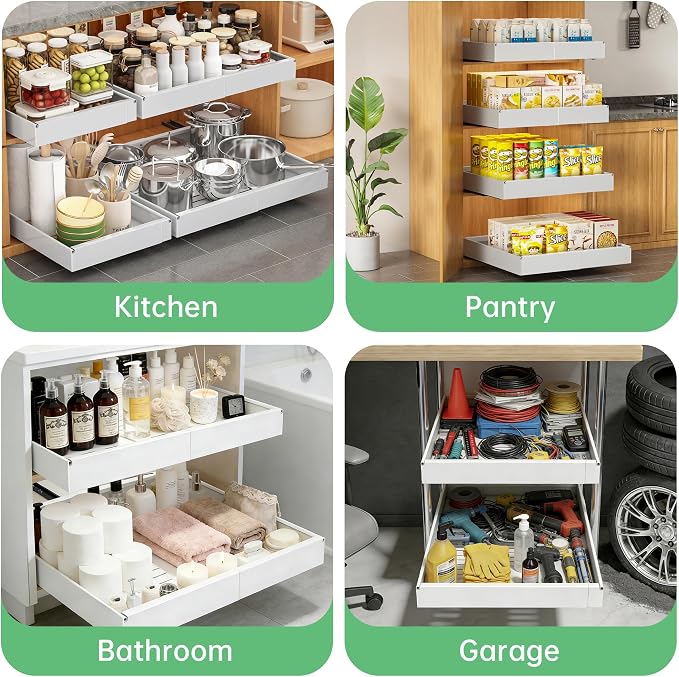 Pull out Cabinet Organizer, 1 pack, 16.5" Deep Heavy Slide out Drawers, Upgrade Three Triple-Slide Rail Systems, Expandable 12.8"-20.8" Roll out Shelf Storage for Kitchen Base Cabinet Organization